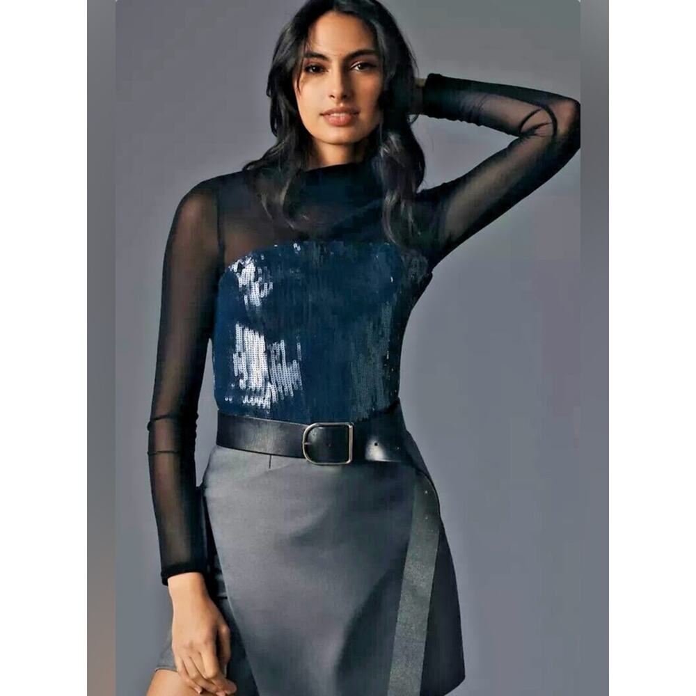Maeve by Anthropologie Long-Sleeve Sheer Sequin Top in Black and Blue M - Picture 2 of 9